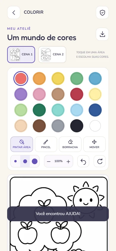 Tela real de pintura do app com desenho em preto e branco e paleta de cores